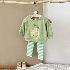 Baby pear sweat set with pear applique sweatshirt and striped leggings