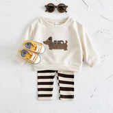 2-Piece Dog Embroidery Pullover & Striped Pants Set
