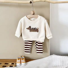 2-Piece Dog Embroidery Pullover & Striped Pants Set