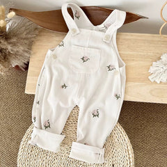mbroidered floral baby overalls in soft cream corduroy