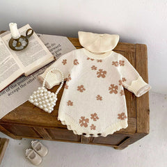 Cozy floral knit baby onesie cream long sleeve