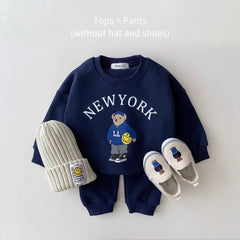 Navy new york bear 2-piece baby sweat set front view