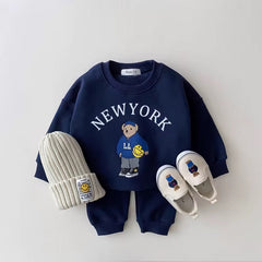 Navy new york bear 2-piece baby sweat set front view