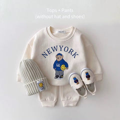 almond cream new york bear 2-piece baby sweat set front view