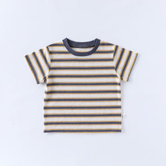 "Nature Tree Ltd striped baby t-shirt in yellow, grey, and white, made from soft cotton for ultimate comfort"