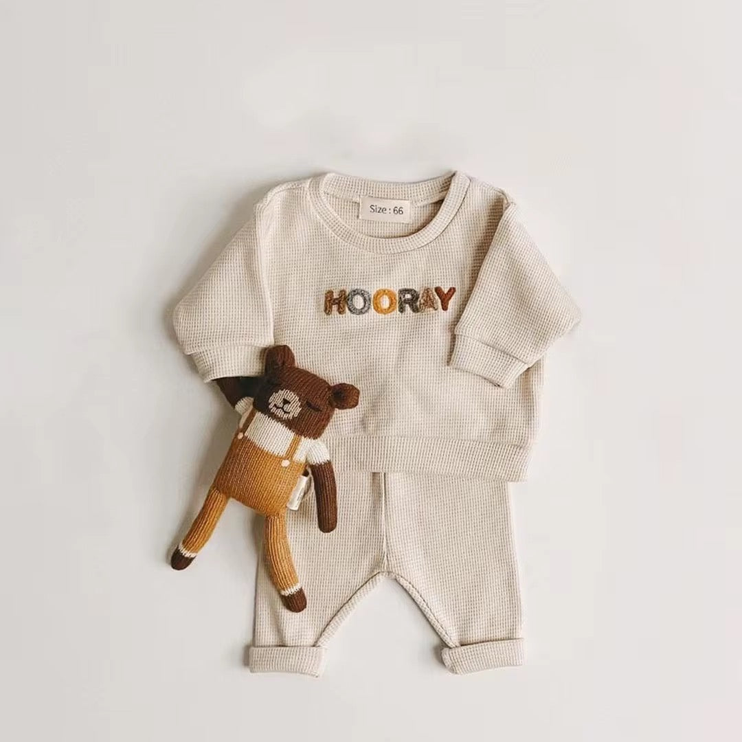 2-piece baby sweat set with HOORAY embroidered sweatshirt and matching pants