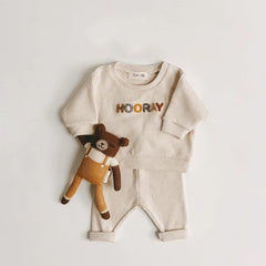 2-piece baby sweat set with HOORAY embroidered sweatshirt and matching pants