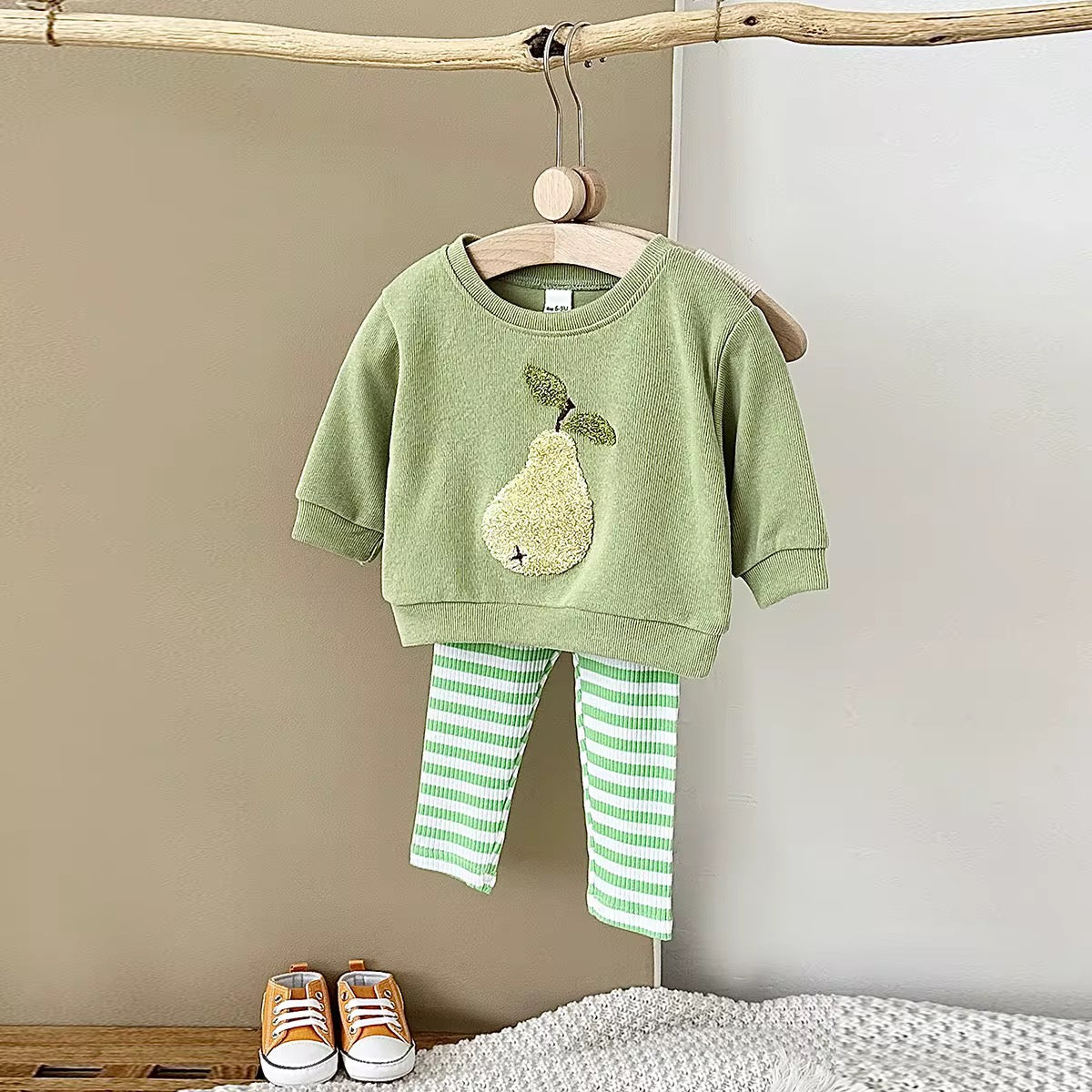 Baby pear sweat set with pear applique sweatshirt and striped leggings