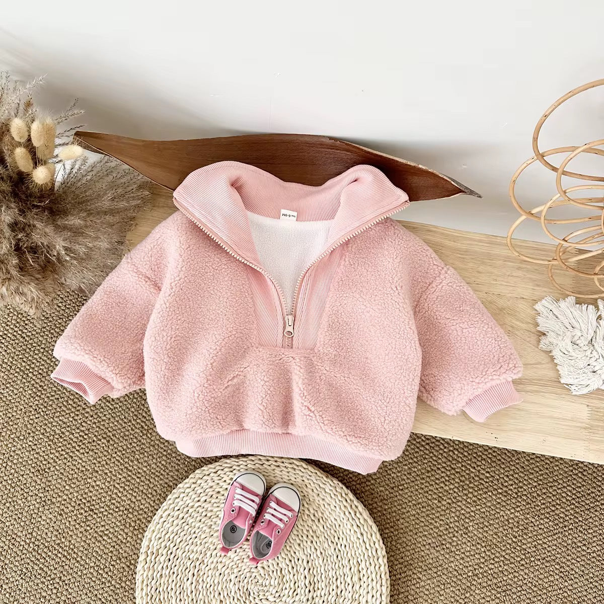 Pink fleece zip-up baby jacket soft and warm