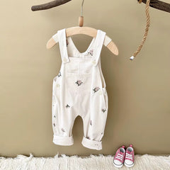 Embroidered floral baby overalls in soft cream corduroy