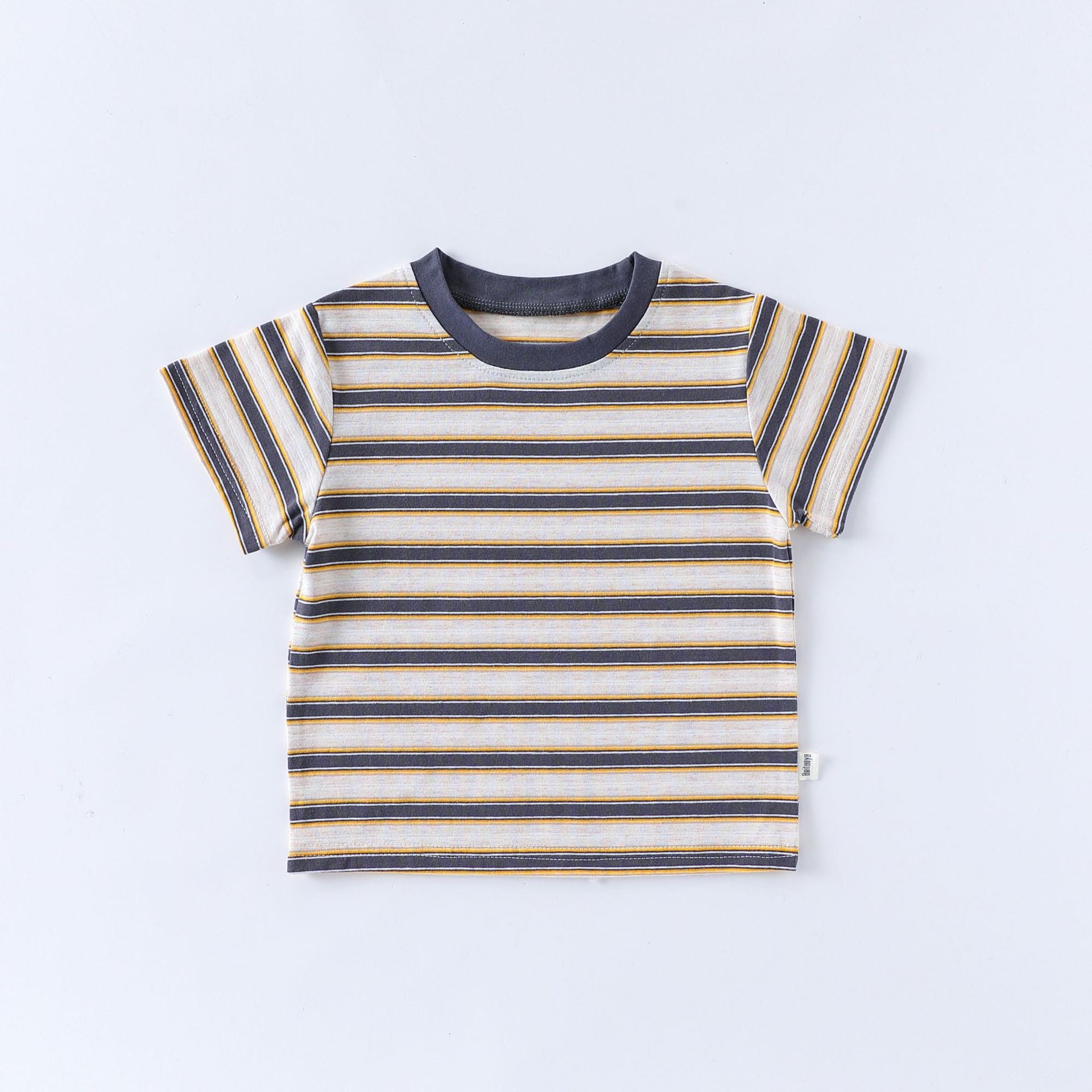 "Nature Tree Ltd striped baby t-shirt in yellow, grey, and white, made from soft cotton for ultimate comfort"