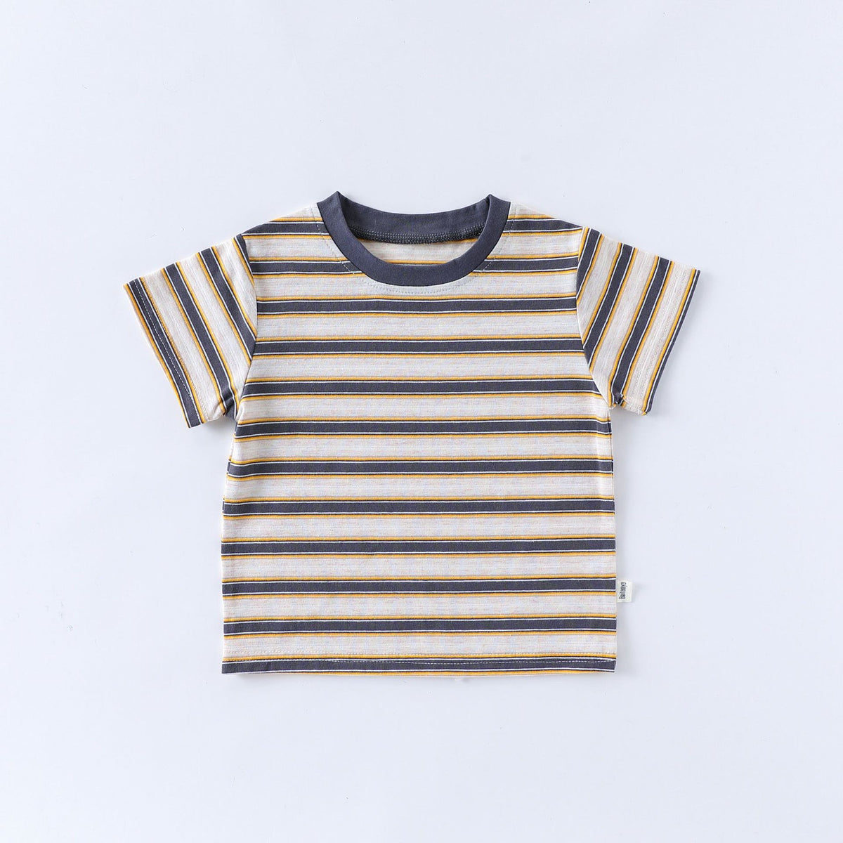 "Nature Tree Ltd striped baby t-shirt in yellow, grey, and white, made from soft cotton for ultimate comfort"