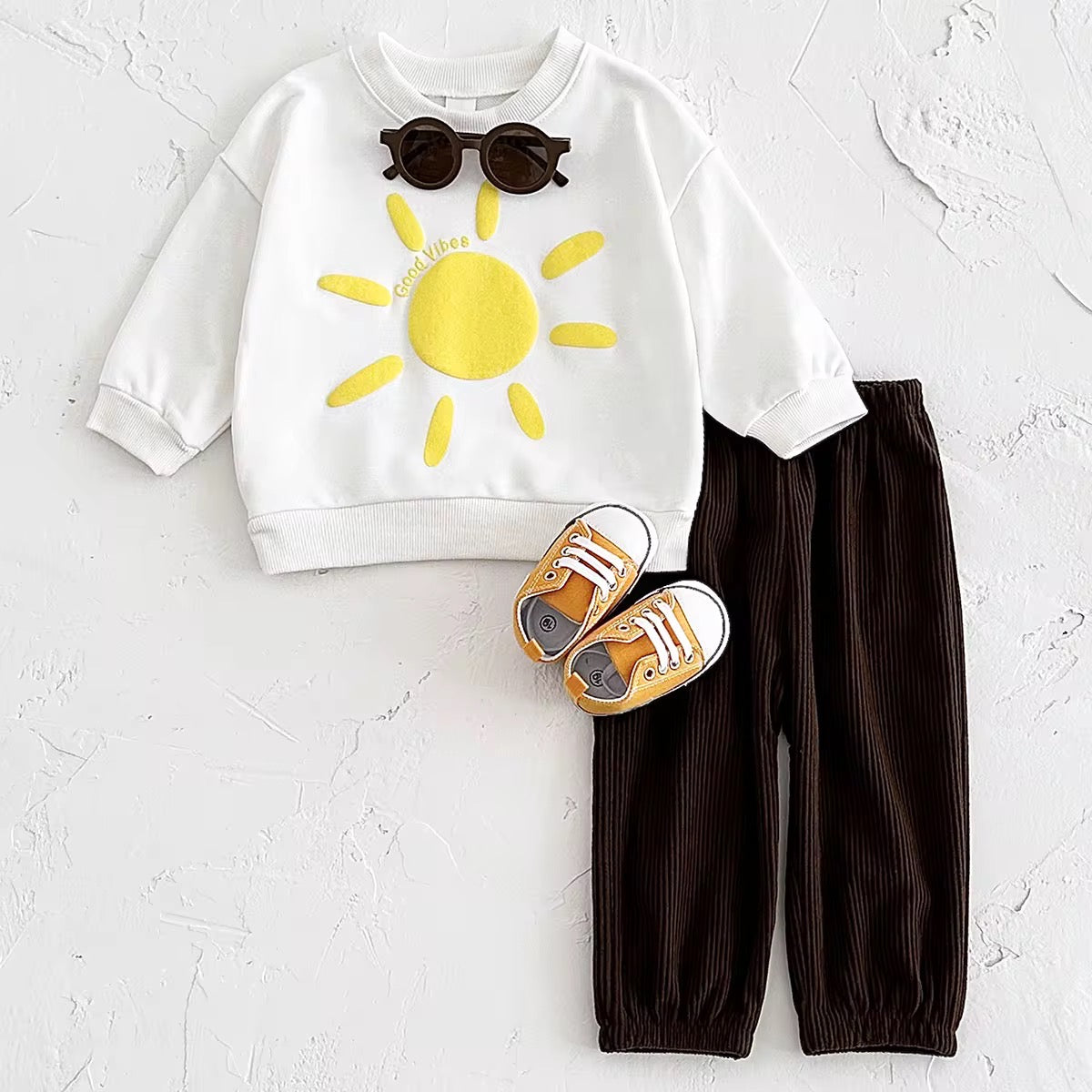 good vibes baby sweatshirt yellow sun embroidery